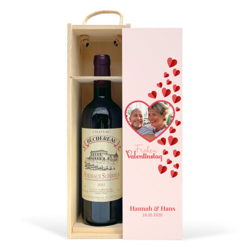 Personalisiertes Geschenkset und Rotwein - Valentinstag mit Herzen
