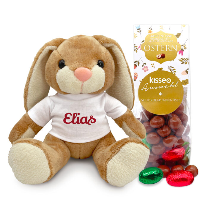 19 cm Plüschhase mit Namen + Beutel mit Noisettines - feine Schokoladennüsse
