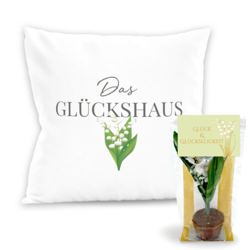 Weißes Kissen 'Das Glückshaus' + Topf mit Schokoladen-Maiglöckchen