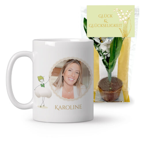 Maiglöckchen-Tasse mit Foto + Topf mit Schokoladen-Maiglöckchen