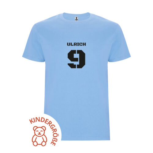 Hellblaues Kinder-T-Shirt – Vorname und Nummer
