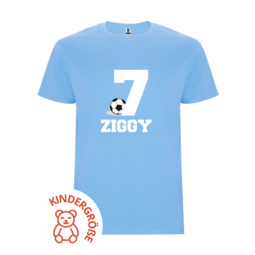Hellblaues Kinder-T-Shirt – Nummer und Vorname mit Ball