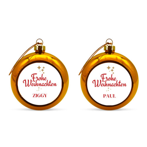 Set aus 2 goldenen Weihnachtskugeln - Frohe Weihnachten