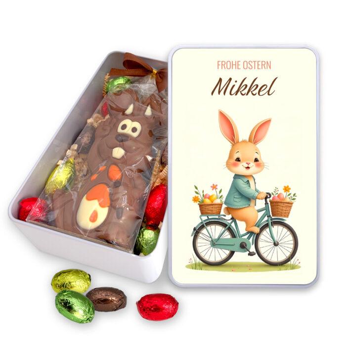 Rechteckige Metall-Osterbox – Hase auf dem Fahrrad + Süßigkeiten