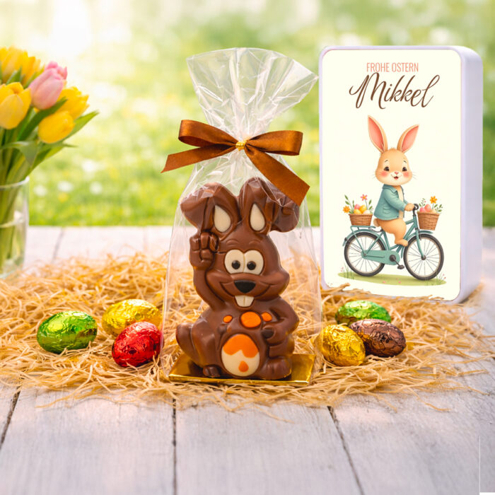 Alternative view of Rechteckige Metall-Osterbox – Hase auf dem Fahrrad + Süßigkeiten