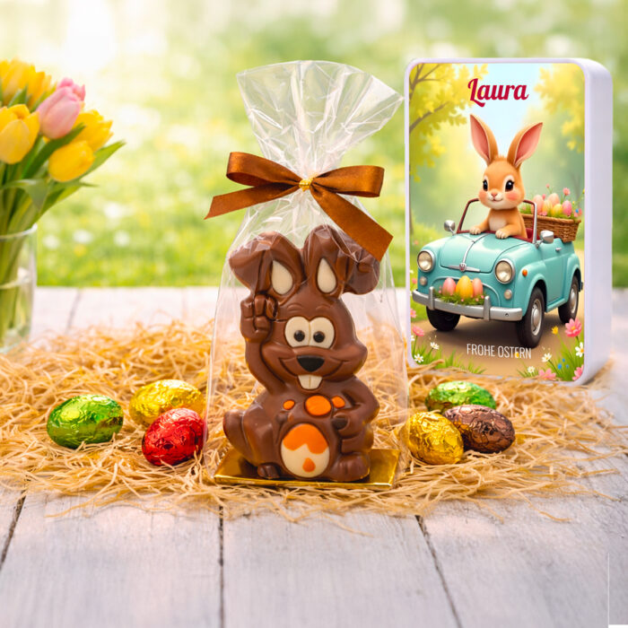Alternative view of Rechteckige Metall-Osterbox – Kaninchenauto + Süßigkeiten