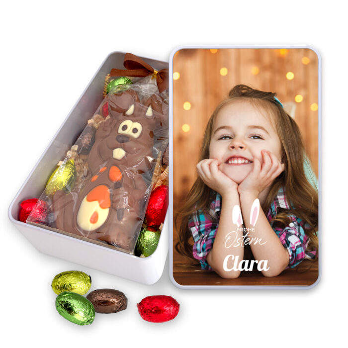 Rechteckige Metall-Osterbox – Dein Foto + Süßigkeiten